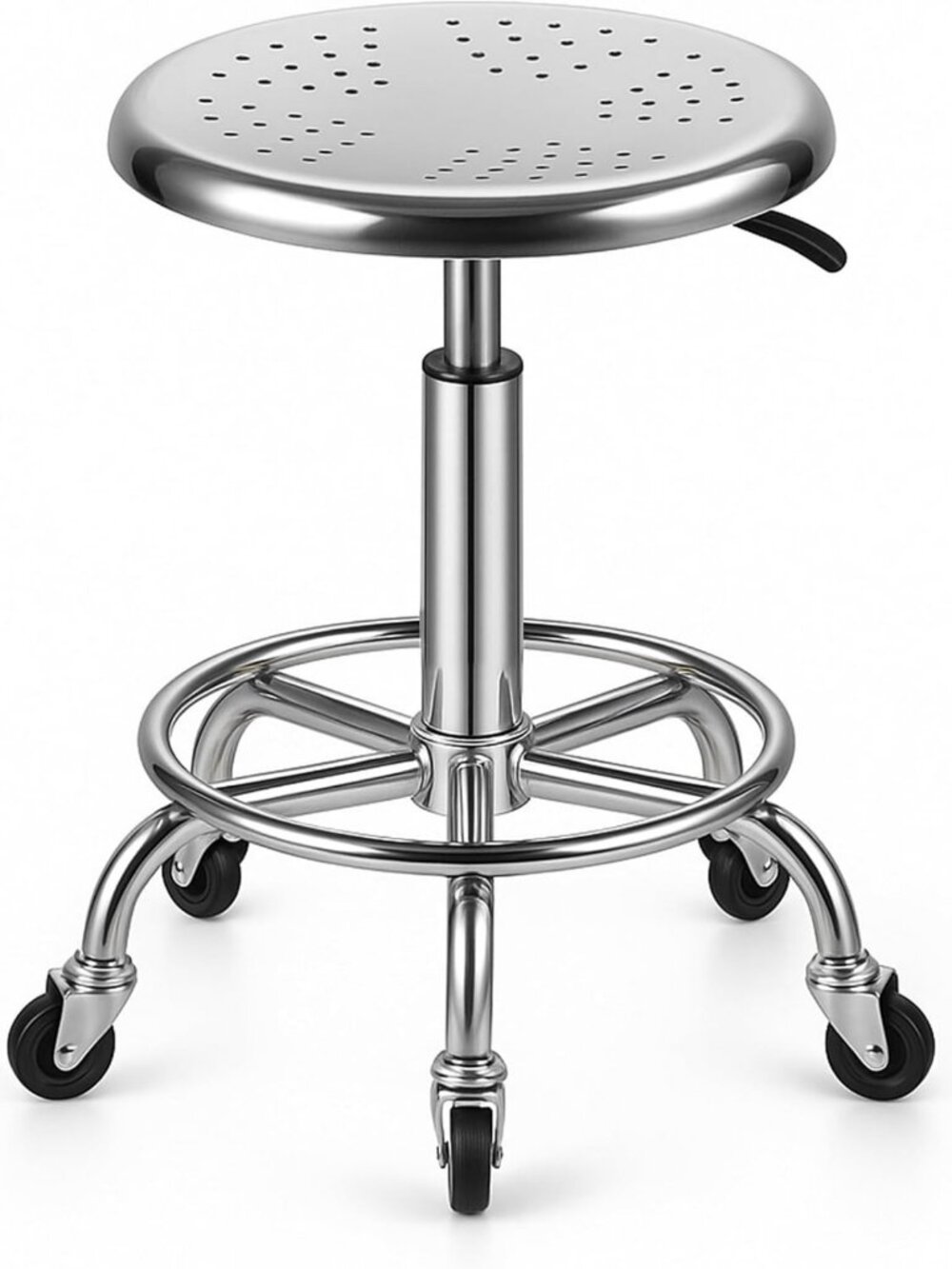 Adjustable Rolling Stool with Swivel Seat, 5 Wheels, 445 lbs Capacity - Silver